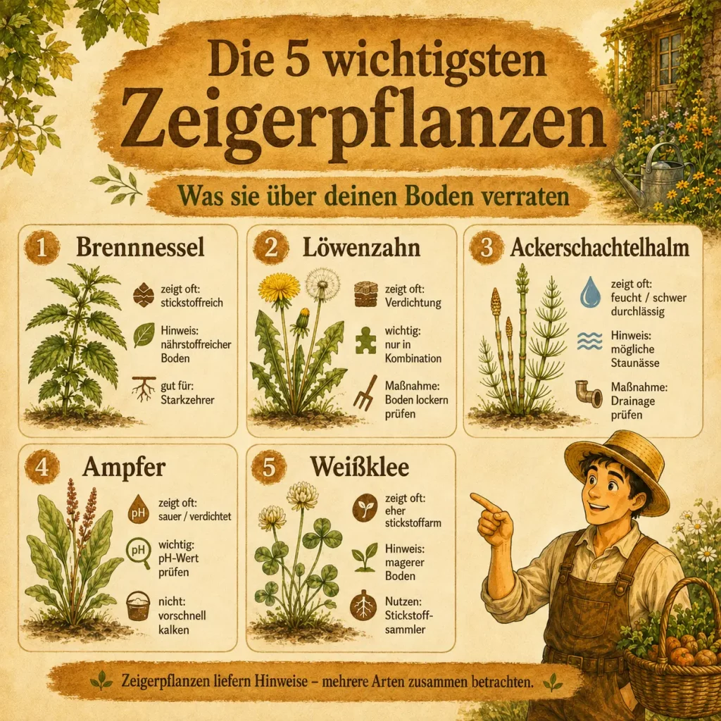 Infografik mit Brennnessel, Löwenzahn, Ackerschachtelhalm, Ampfer und Weißklee und ihren Hinweisen auf Bodenverhältnisse