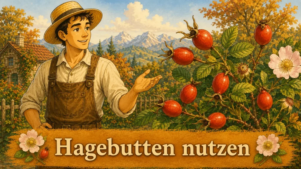 Hagebutten ernten und verarbeiten mit roten Hagebutten und Selbstversorger im Herbstgarten