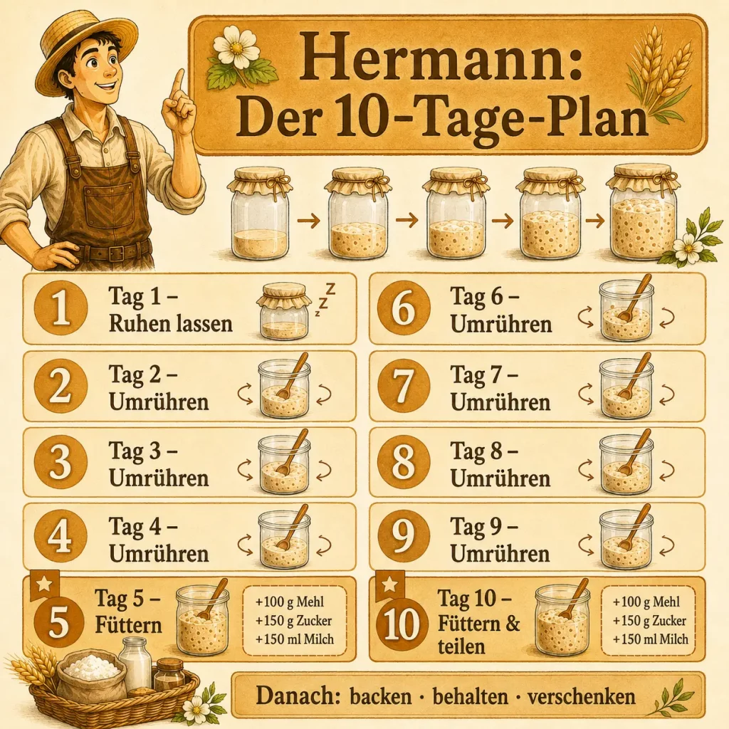 Infografik mit dem 10-Tage-Plan für Hermann-Teig vom Ruhen über das Füttern bis zum Teilen