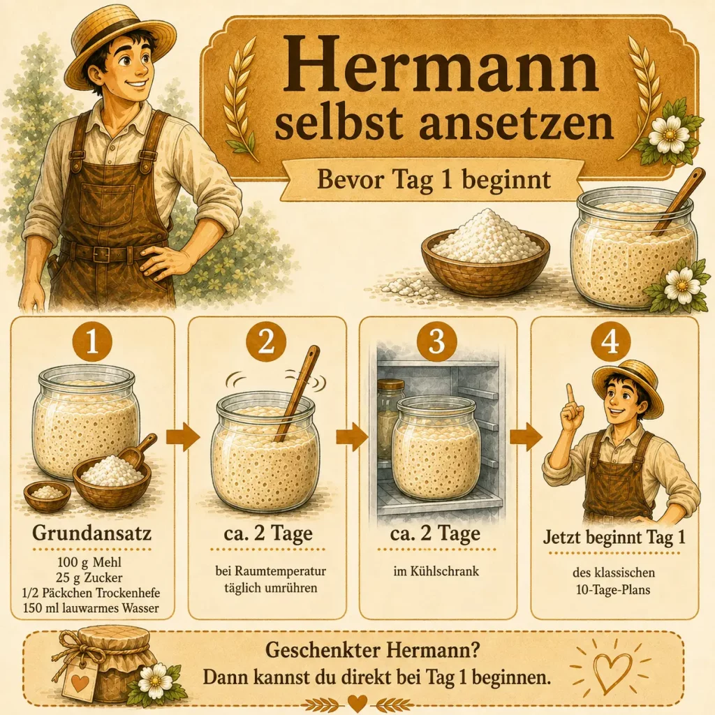 Infografik zum Ansetzen von Hermann-Teig mit Grundansatz, Raumtemperatur und anschließender Kühlung