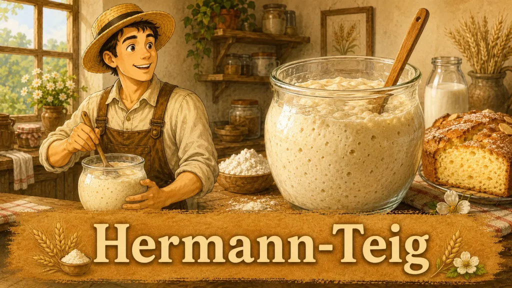 Hermann-Teig im Glas mit Maskottchen beim Umrühren in einer Küche