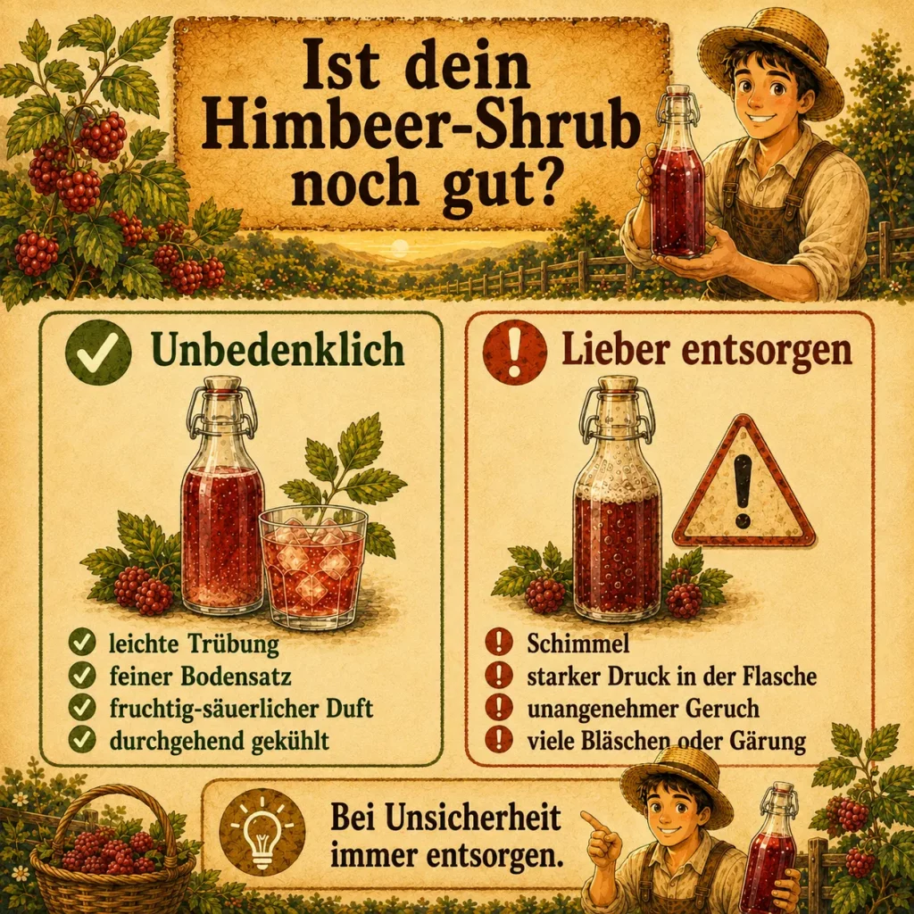 Infografik mit Merkmalen, woran man erkennt, ob Himbeer-Shrub noch gut ist oder entsorgt werden sollte