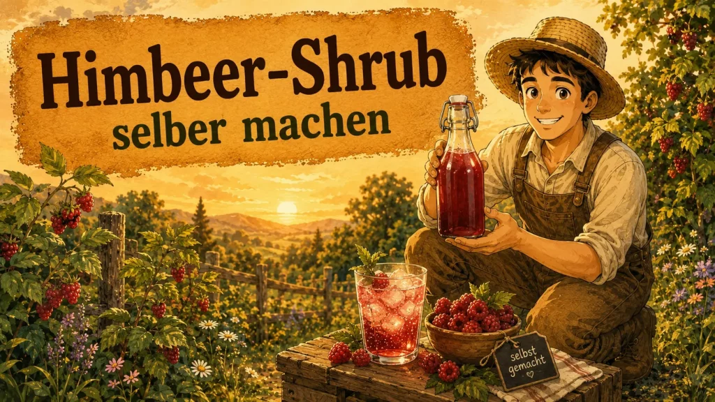 Himbeer-Shrub in einer Glasflasche mit frischen Himbeeren und einem Glas mit Eis im sommerlichen Garten