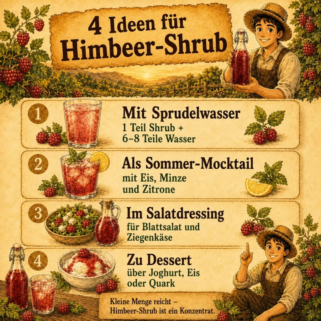 Infografik mit vier Ideen zur Verwendung von Himbeer-Shrub in Sprudelwasser, Mocktails, Salatdressing und Desserts