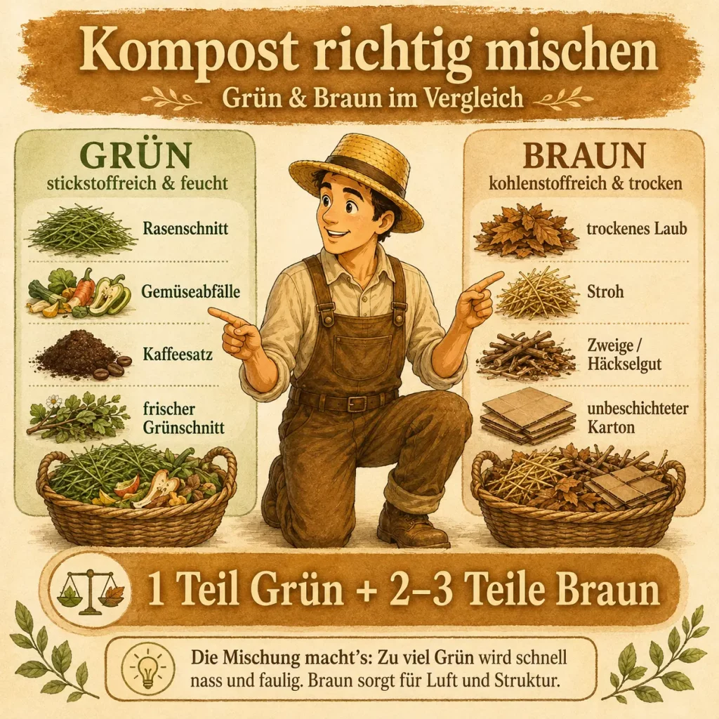 Infografik zum richtigen Mischen von grünen und braunen Kompostmaterialien mit Beispielen und Maskottchen