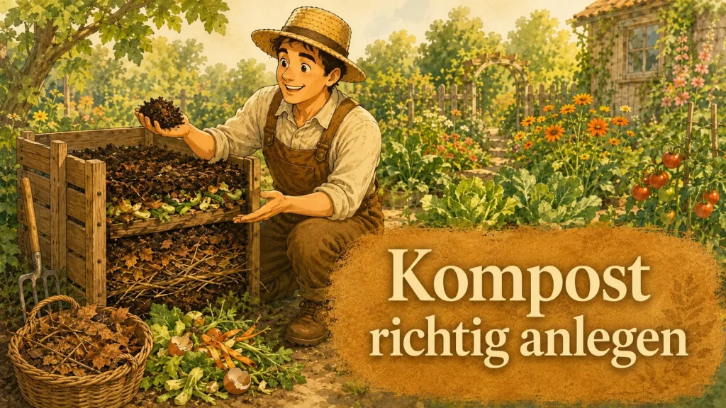 Maskottchen zeigt fertigen Kompost neben einem geschichteten Holzkomposter im Selbstversorgergarten