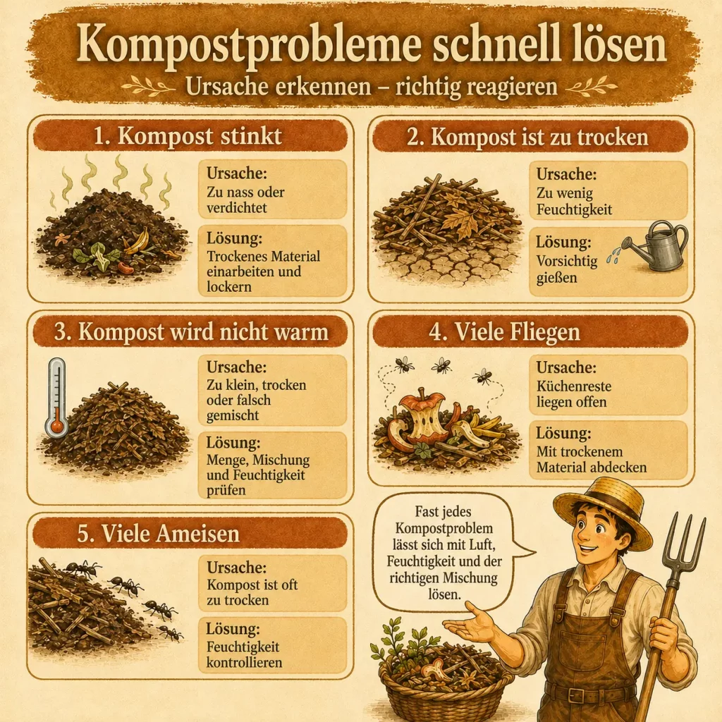 Infografik mit Ursachen und Lösungen für stinkenden, trockenen oder kalten Kompost sowie Fliegen und Ameisen