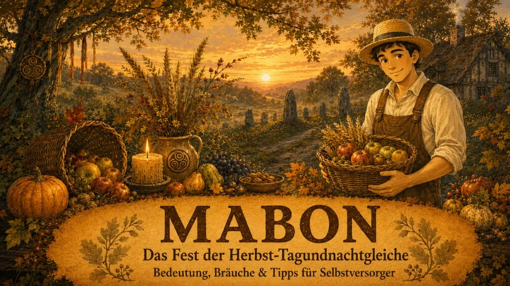 Mabon zur Herbst-Tagundnachtgleiche mit Erntekorb, Äpfeln, Kürbissen und herbstlicher Landschaft