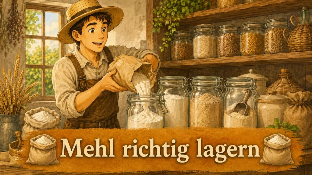 Mehl richtig lagern in luftdichten Vorratsgläsern in einer rustikalen Vorratskammer