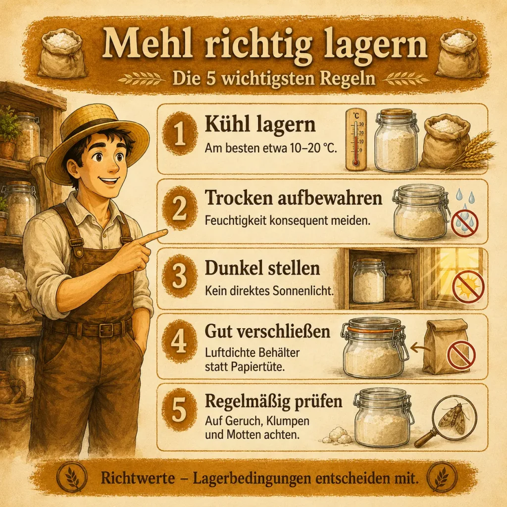 Infografik mit fünf Regeln zur richtigen Lagerung von Mehl