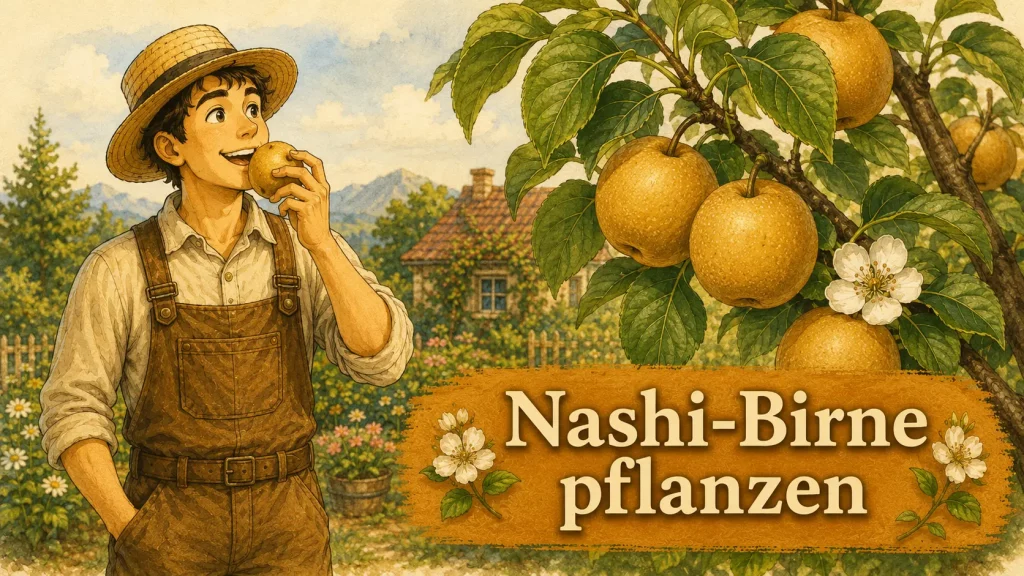 Nashi-Birnen am Baum mit Gärtner in einem ländlichen Obstgarten