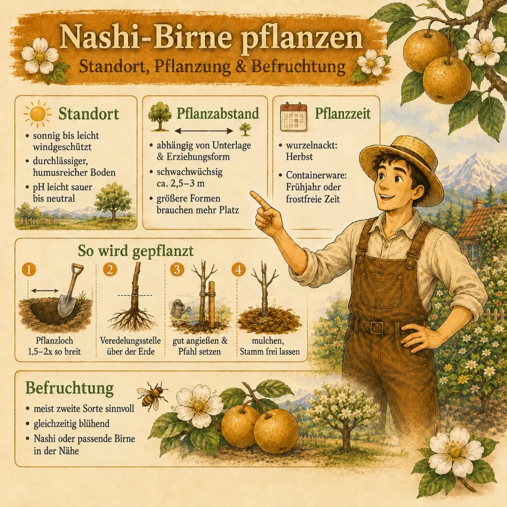 Infografik zu Standort, Pflanzzeit, Pflanzabstand und Befruchtung der Nashi-Birne