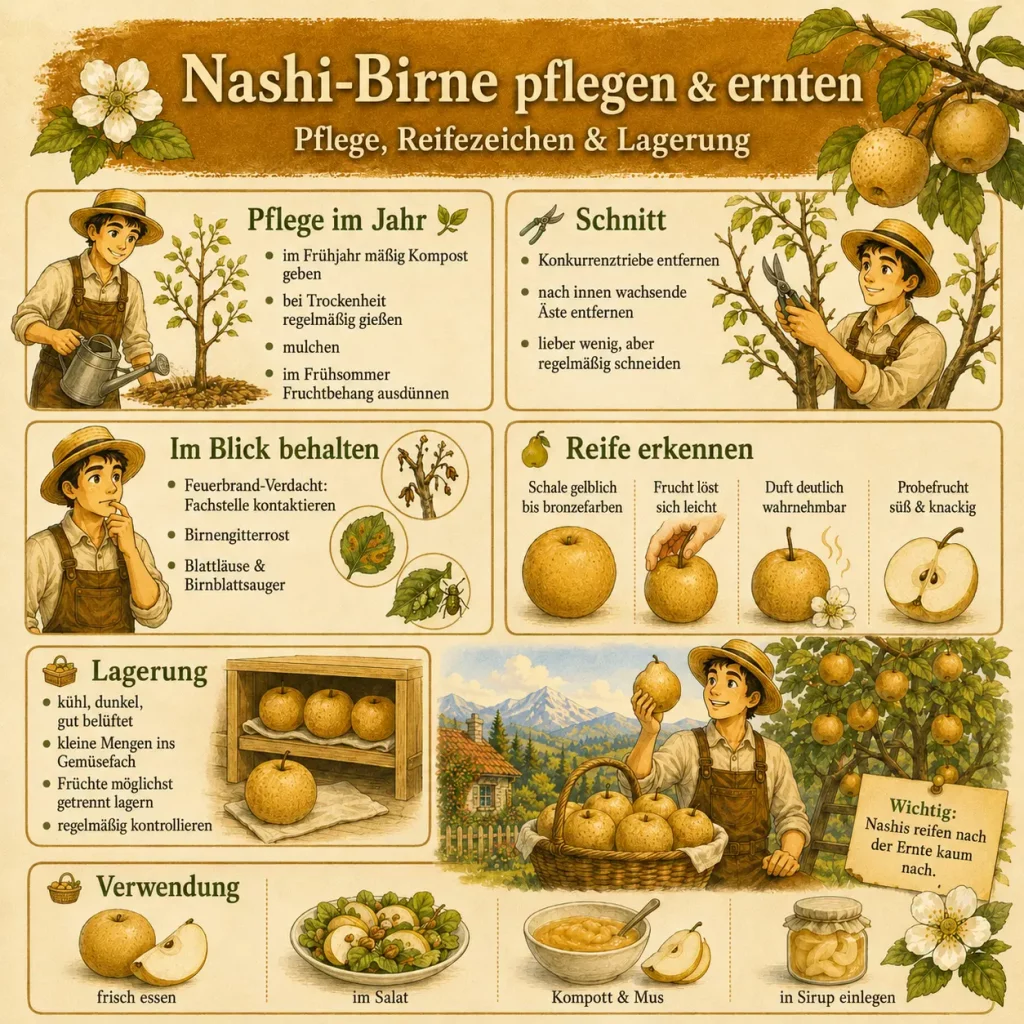 Nashi-Birnen am Baum mit Gärtner in einem ländlichen Obstgarten