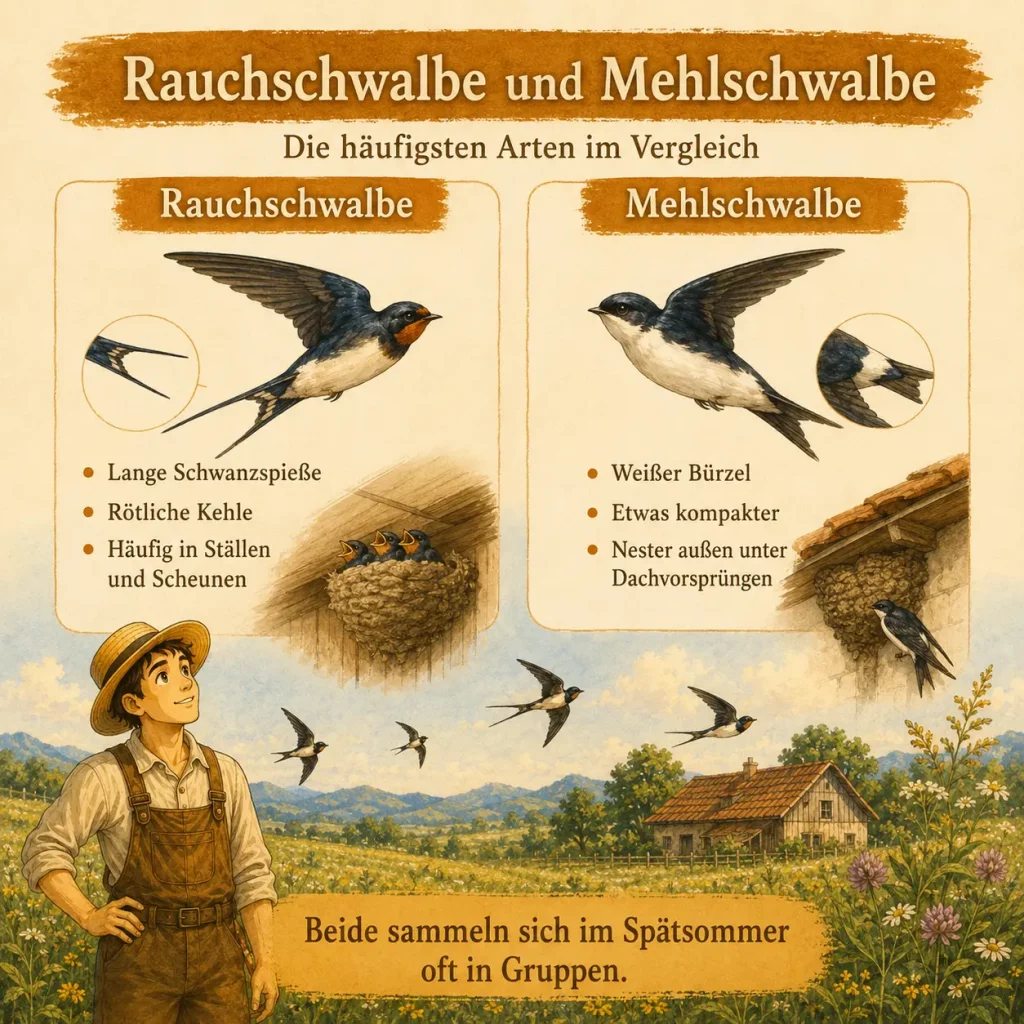 Infografik mit den wichtigsten Unterschieden zwischen Rauchschwalbe und Mehlschwalbe wie Schwanzspießen, Kehle und weißem Bürzel.