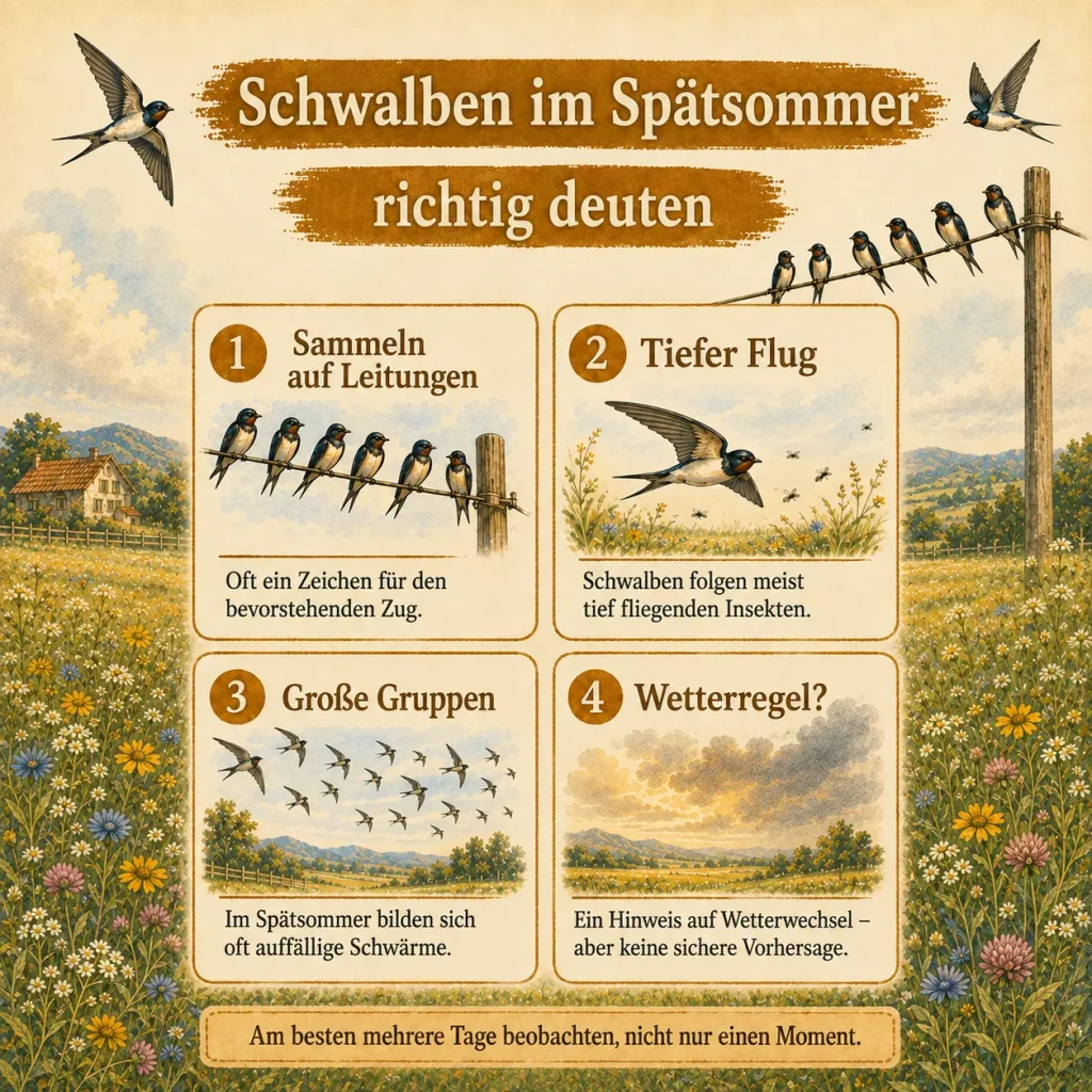 Infografik zum Verhalten von Schwalben im Spätsommer mit Sammeln auf Leitungen, tiefem Flug, großen Gruppen und Wetterwechseln.
