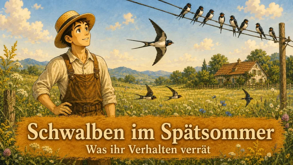 Schwalben sammeln sich im Spätsommer auf einer Leitung und fliegen über einer Wiese, während das Maskottchen sie beobachtet.