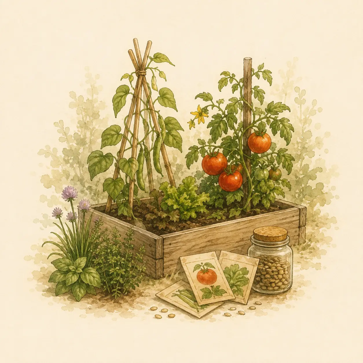 Aquarell-Illustration eines Hochbeets mit Tomaten, Bohnen, Kräutern und Saatgut