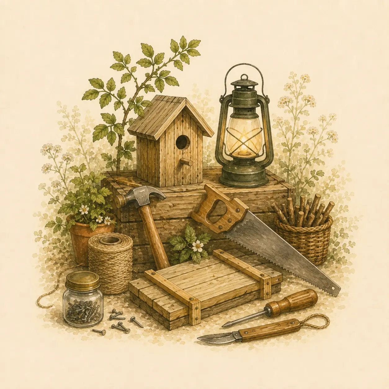 Aquarell-Illustration mit Holzwerkzeug, Vogelhaus, Laterne und Materialien für praktische DIY-Projekte
