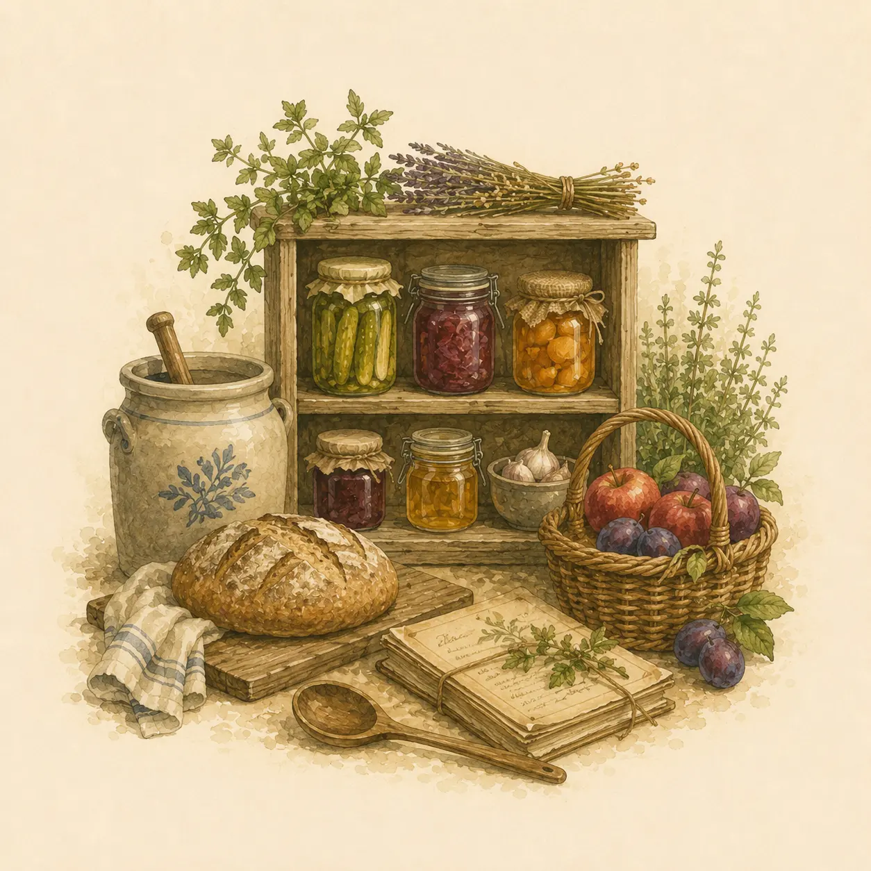 Aquarell-Illustration mit Vorratsgläsern, Brot, Obst, Kräutern und altem Rezeptbuch