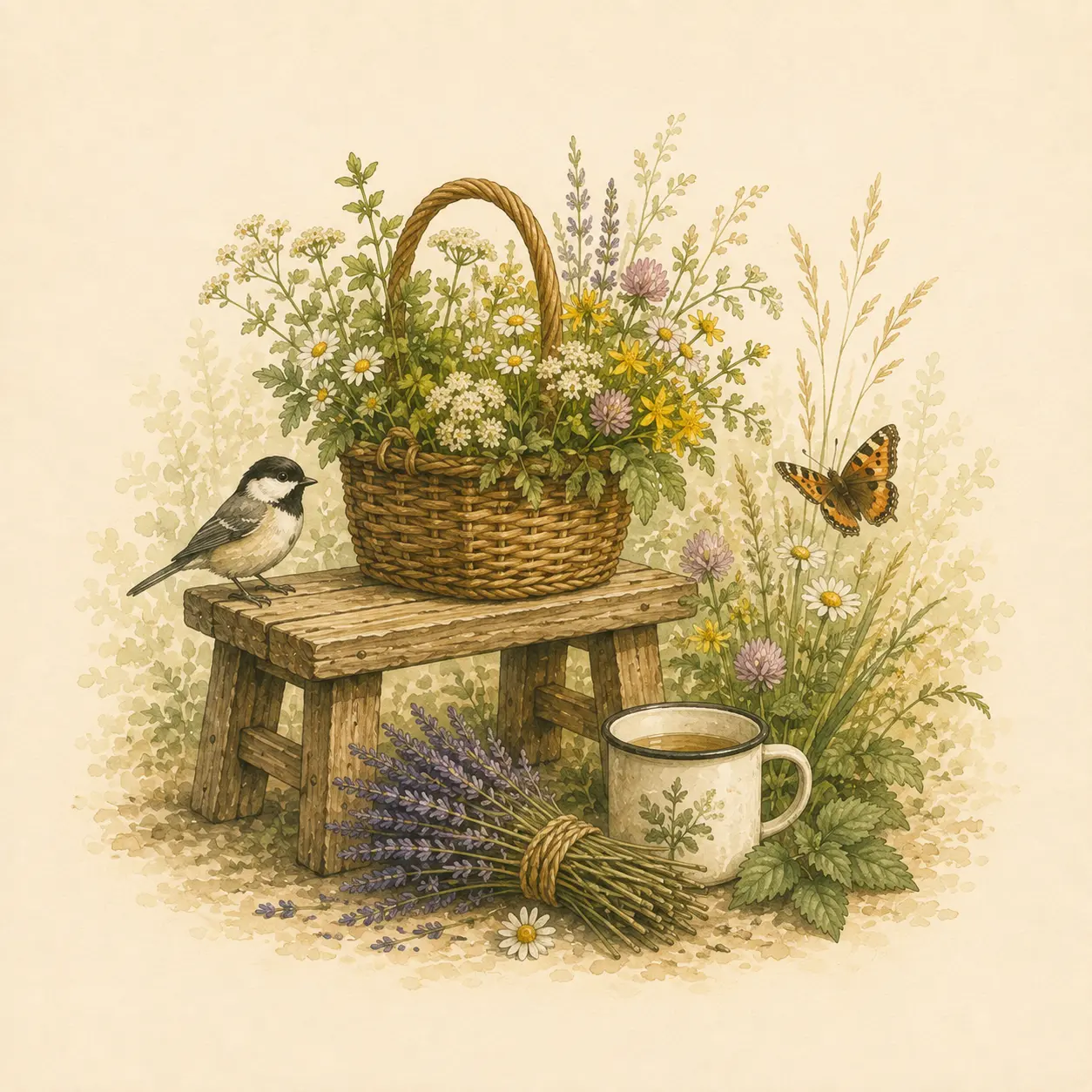 Aquarell-Illustration mit Wildblumen, Kräutern, Vogel, Schmetterling und Teetasse in natürlicher Umgebung