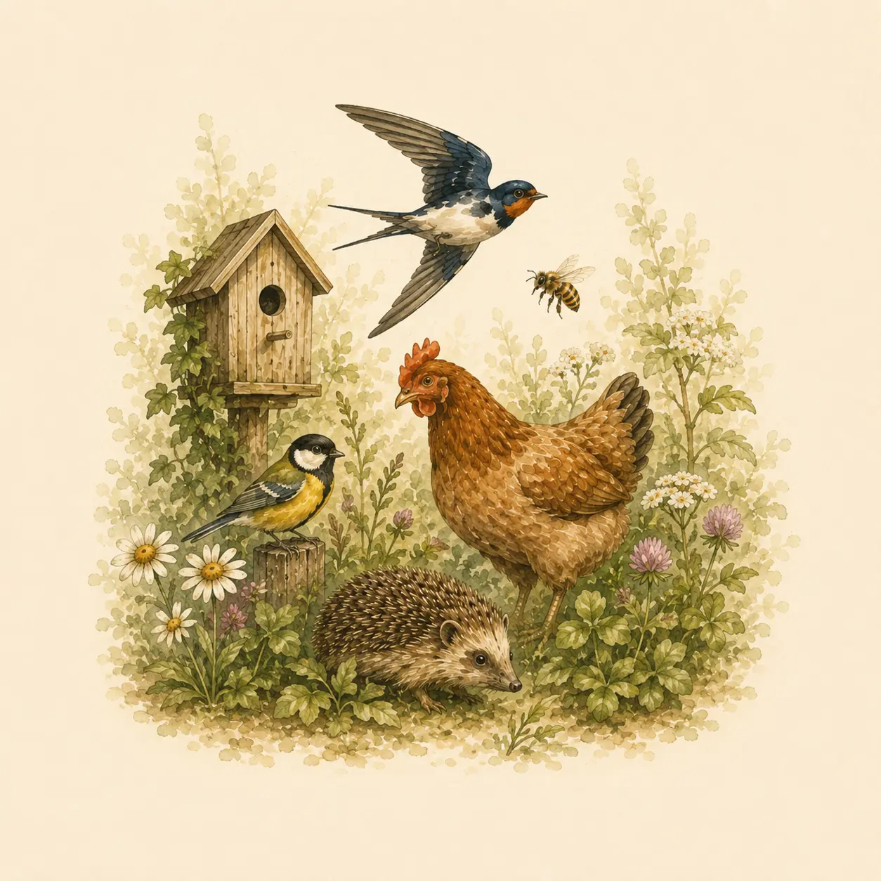 Aquarell-Illustration mit Huhn, Igel, Schwalbe, Meise und Biene in naturnaher Umgebung
