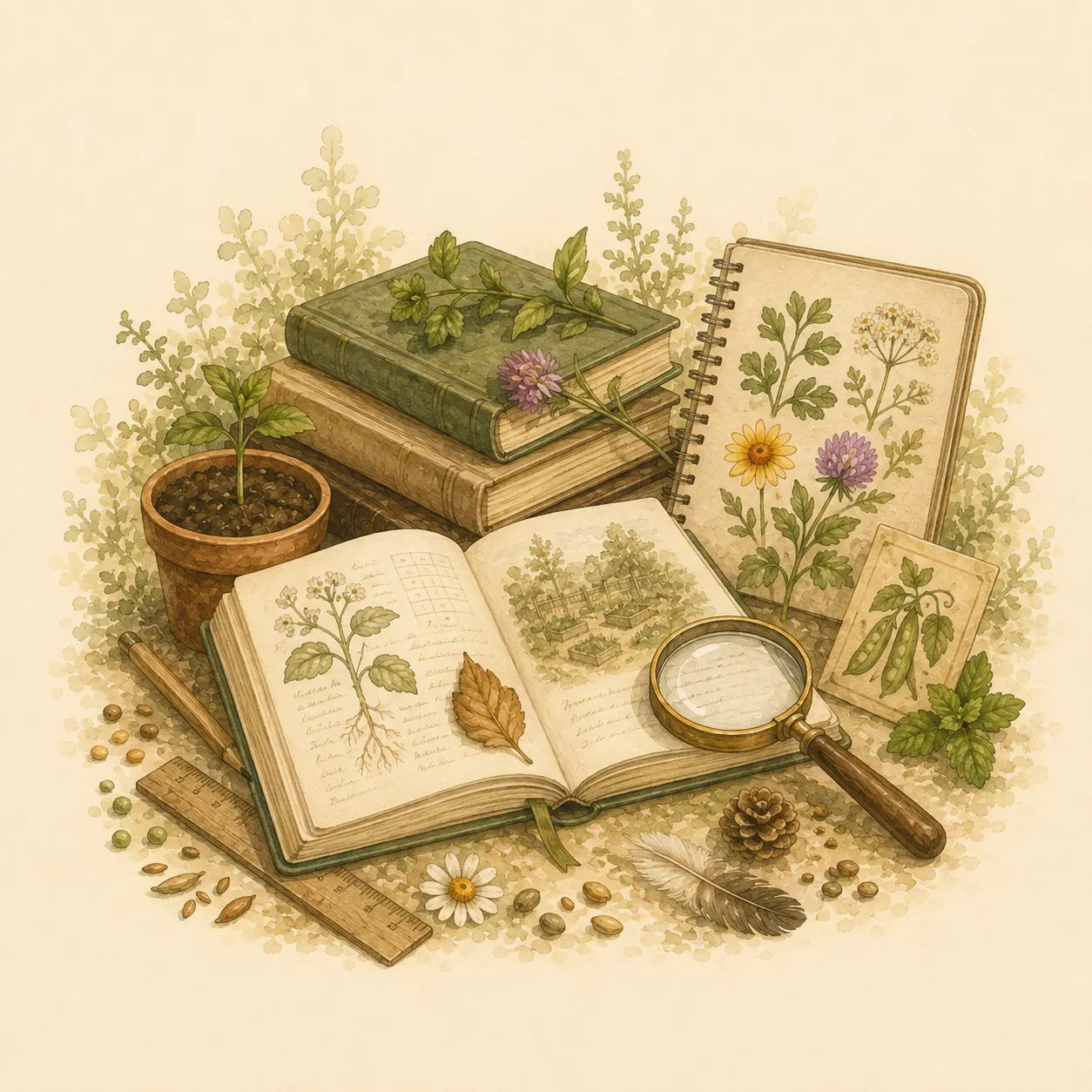Aquarell-Illustration mit Pflanzenbüchern, Gartennotizen, Lupe, Saatgut und botanischen Zeichnungen