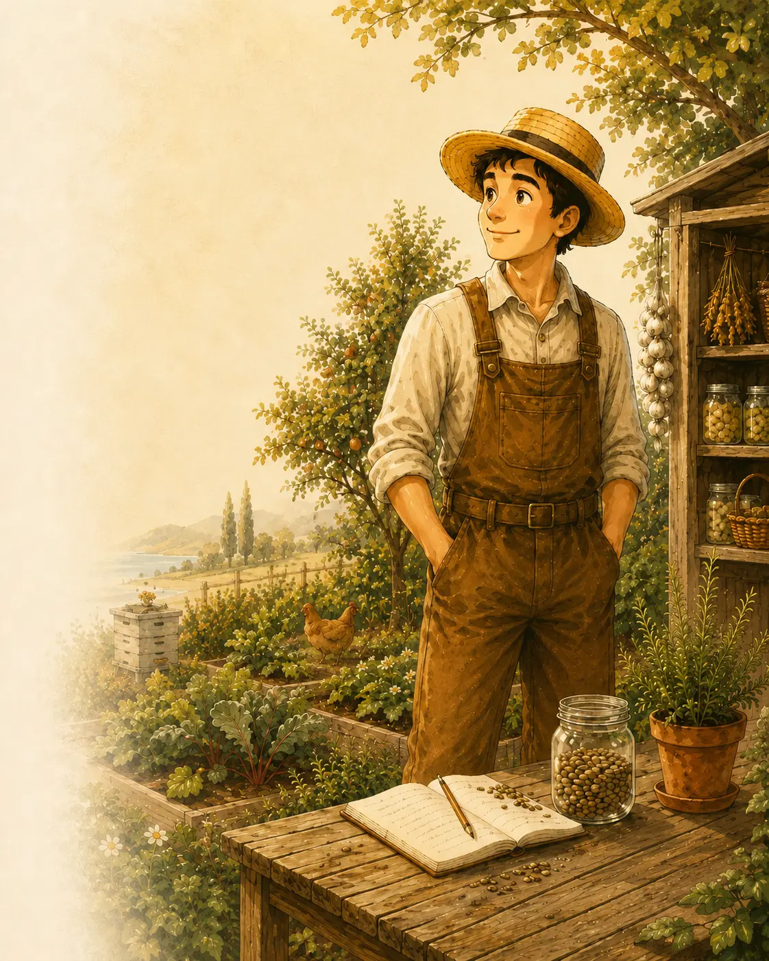Illustration zur Idee von Dein Selbstversorger mit Garten, Wissen, Werkzeugen und Vorräten