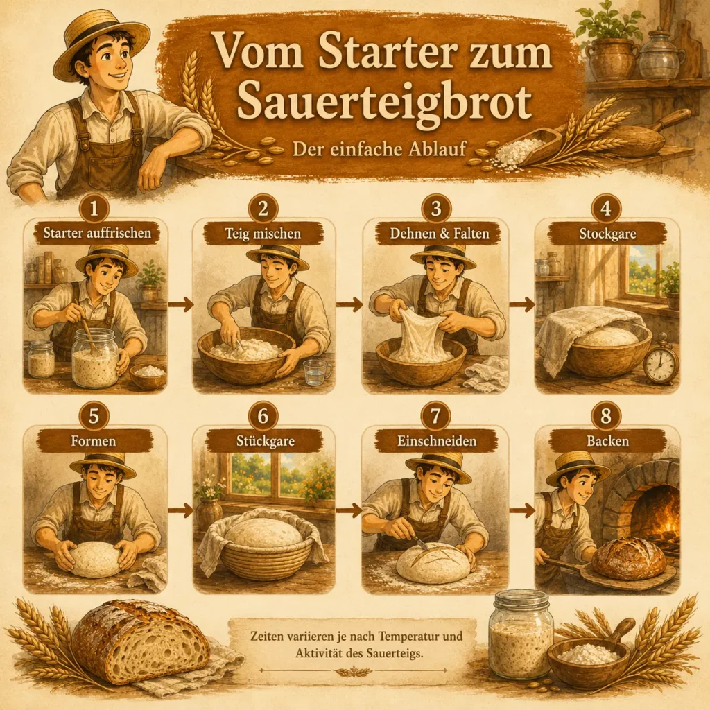 Infografik zum Ablauf vom Sauerteigstarter über Stockgare und Stückgare bis zum fertigen Sauerteigbrot
