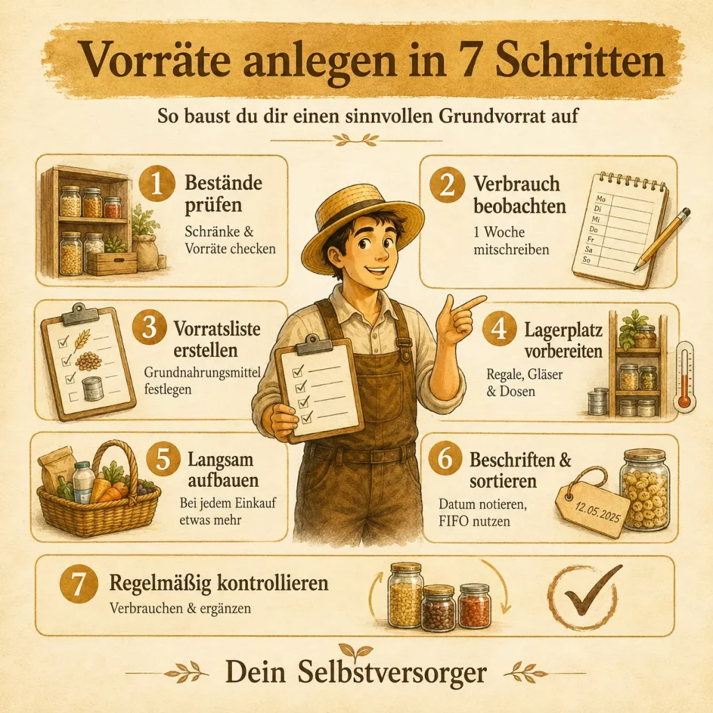 Infografik mit sieben Schritten zum Anlegen eines sinnvollen Vorrats – von der Bestandsprüfung bis zur regelmäßigen Kontrolle