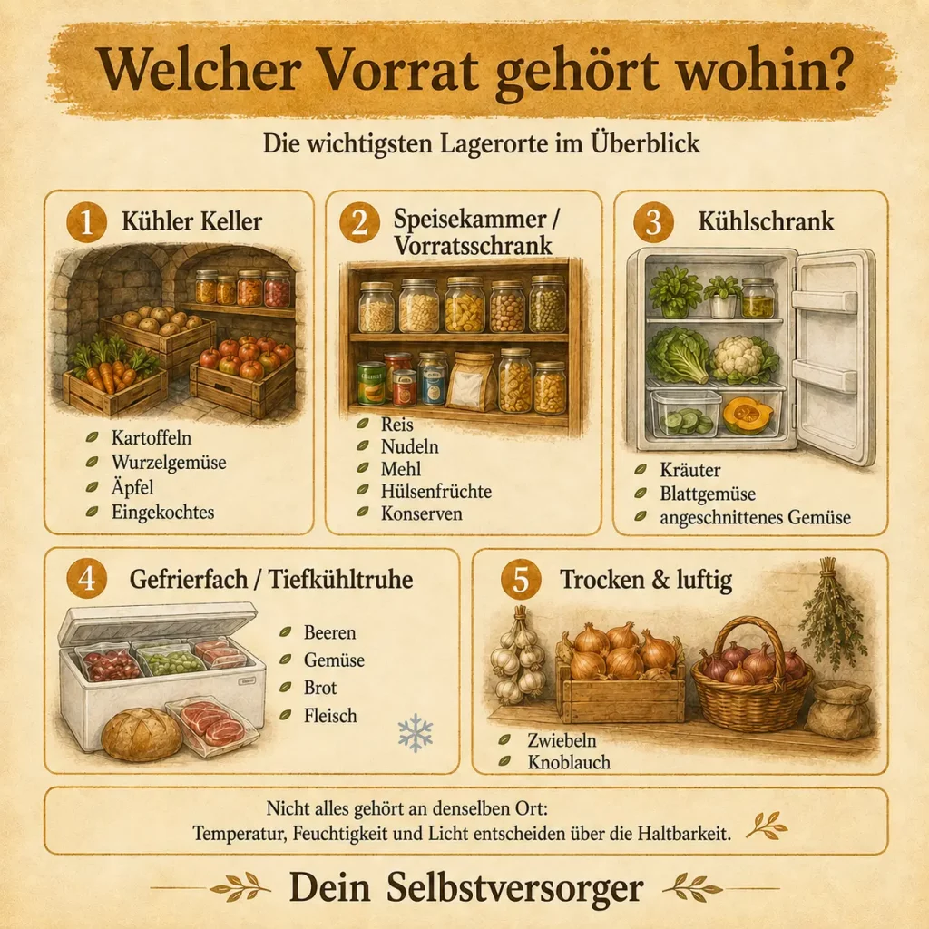 Infografik zu passenden Lagerorten für Vorräte wie Keller, Speisekammer, Kühlschrank, Gefriertruhe und trockene Lagerung