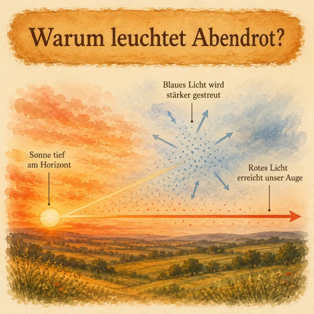 Infografik erklärt, warum Abendrot entsteht, wenn die Sonne tief am Horizont steht und blaues Licht stärker gestreut wird