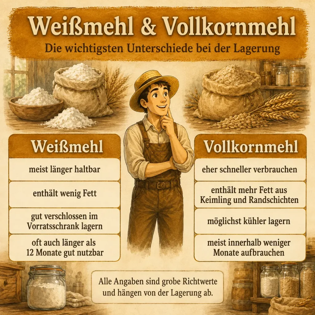 Infografik zum Vergleich der Lagerung von Weißmehl und Vollkornmehl