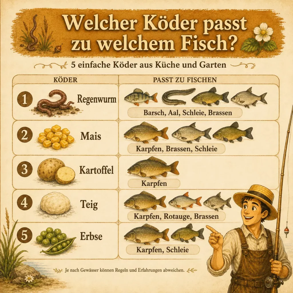 Infografik mit Übersicht, welcher Angelköder zu welchem Fisch passt, darunter Regenwurm, Mais, Kartoffel, Teig und Erbse