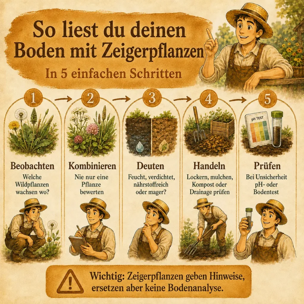 Infografik mit fünf Schritten zum Bodenlesen mit Zeigerpflanzen: beobachten, kombinieren, deuten, handeln und prüfen