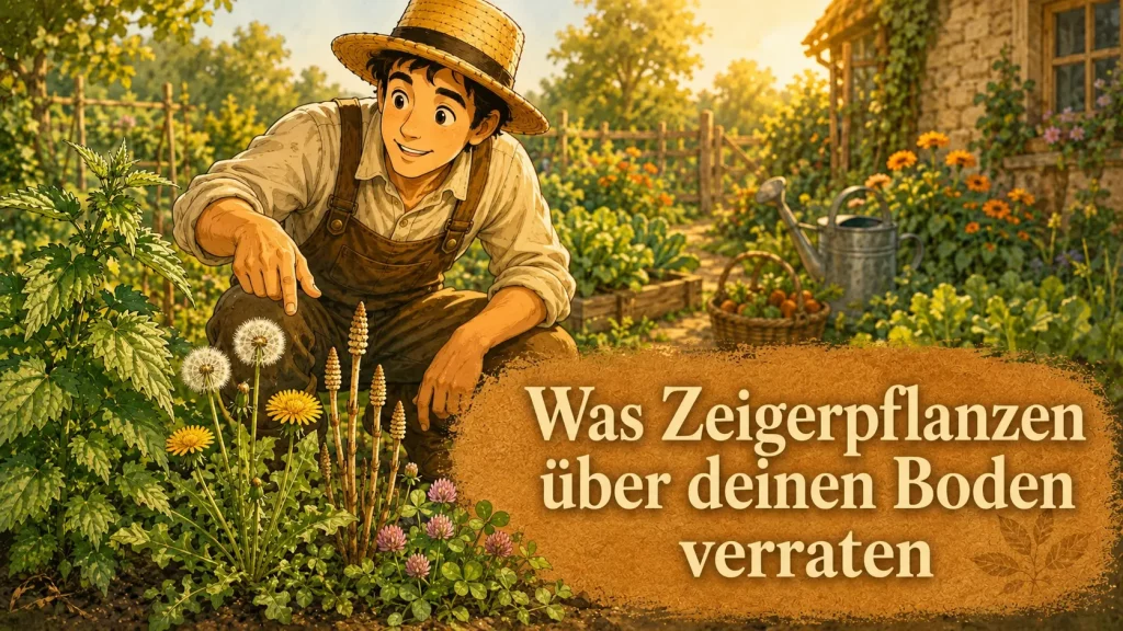Maskottchen im Selbstversorgergarten zwischen Brennnessel, Löwenzahn, Schachtelhalm und Klee mit dem Titel „Was Zeigerpflanzen über deinen Boden verraten“