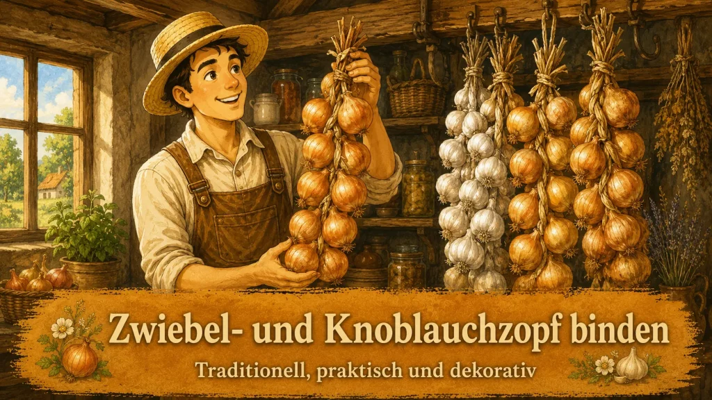 Geflochtener Zwiebel- und Knoblauchzopf in einer traditionellen Vorratskammer