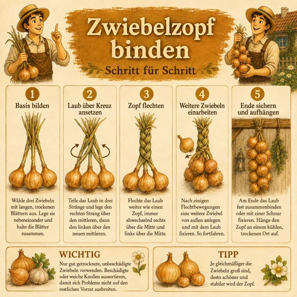 Infografik zum Zwiebelzopf binden mit fünf Schritten vom Flechten bis zum Aufhängen