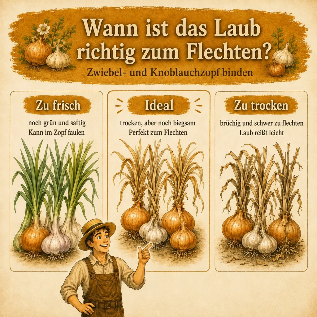 Infografik zum richtigen Trocknungszustand von Zwiebellaub vor dem Flechten