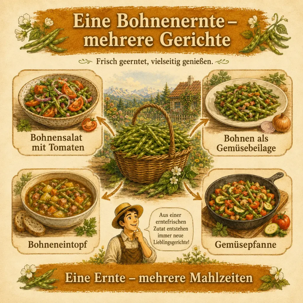 Infografik mit Ideen für Bohnensalat, Bohneneintopf, Gemüsebeilage und Gemüsepfanne aus einer Bohnenernte