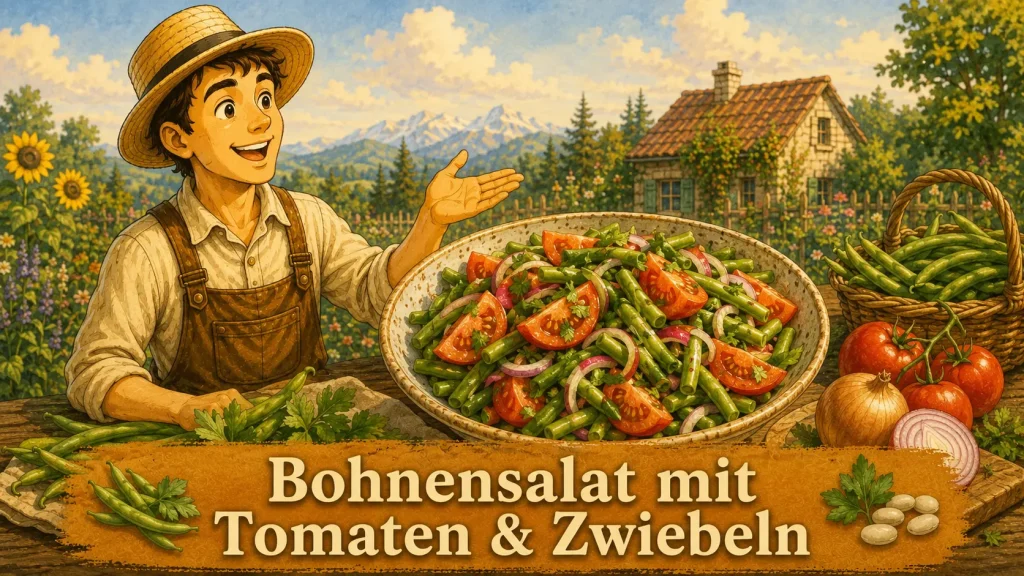 Bohnensalat mit grünen Bohnen, Tomaten und Zwiebeln aus eigener Ernte