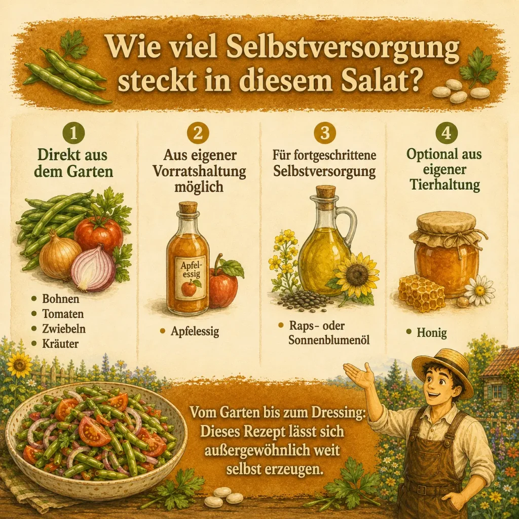 Infografik zur Selbstversorgung mit Bohnen, Tomaten, Zwiebeln, Kräutern, Apfelessig, Pflanzenöl und Honig