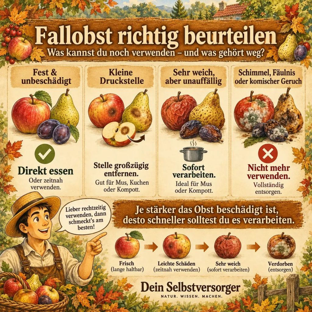 Infografik zur Beurteilung von Fallobst mit gesunden Früchten, Druckstellen, sehr weichem Obst und verdorbenen Früchten