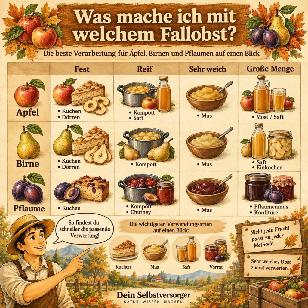 Infografik mit passenden Verarbeitungsmethoden für Äpfel, Birnen und Pflaumen je nach Reifezustand und Menge