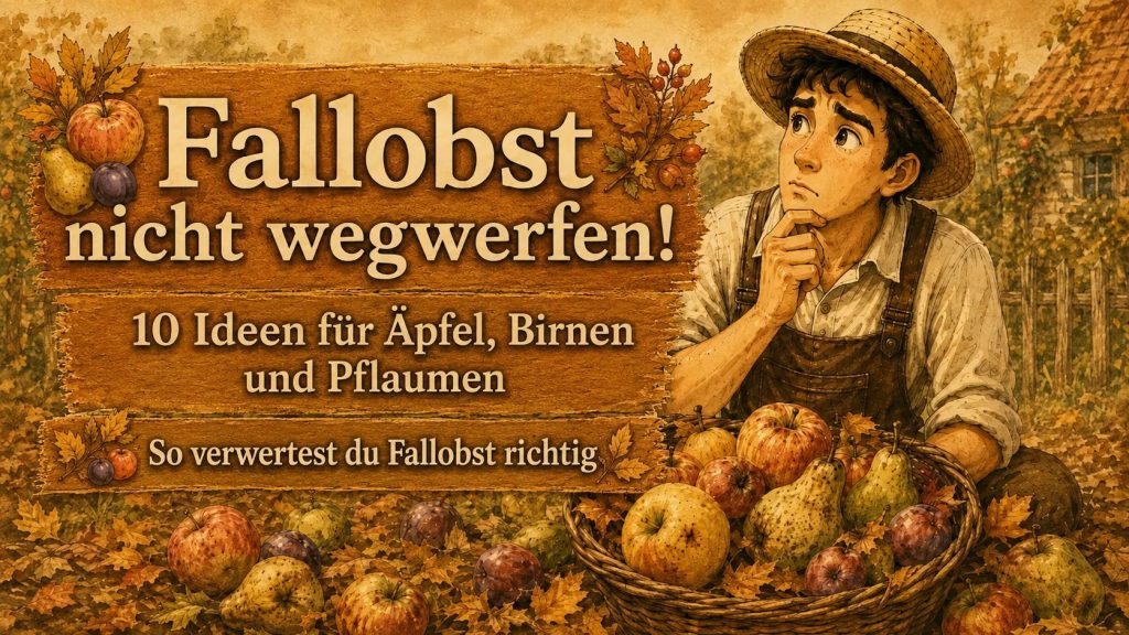 Fallobst mit Äpfeln, Birnen und Pflaumen sowie Selbstversorger-Maskottchen im herbstlichen Garten