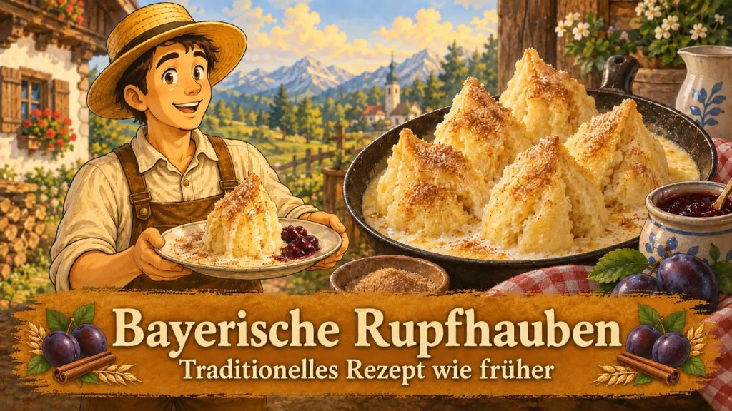 Traditionelle bayerische Rupfhauben in einer Pfanne mit Zwetschgenmus und Zimt, dazu das Dein-Selbstversorger-Maskottchen in ländlicher Alpenkulisse
