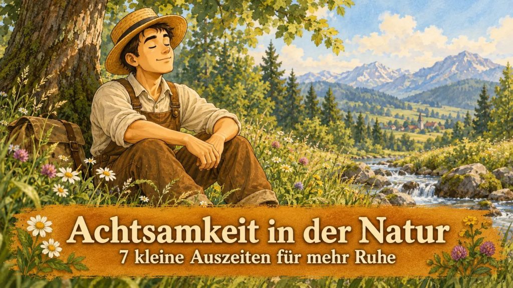 Maskottchen sitzt entspannt in einer natürlichen Berglandschaft am Bach und genießt achtsam die Ruhe in der Natur.