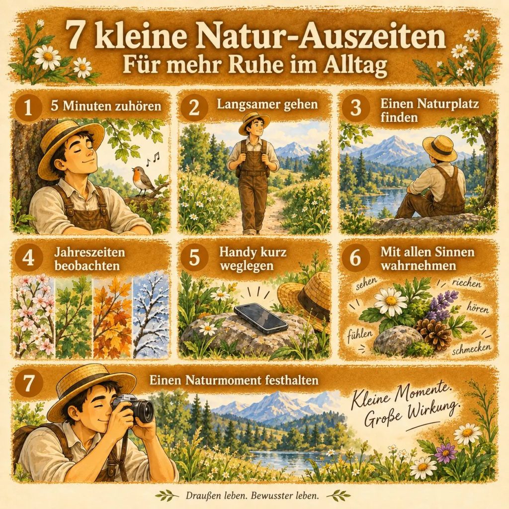 Infografik mit 7 kleinen Natur-Auszeiten für mehr Ruhe im Alltag, von bewusstem Zuhören bis zum Festhalten eines Naturmoments.