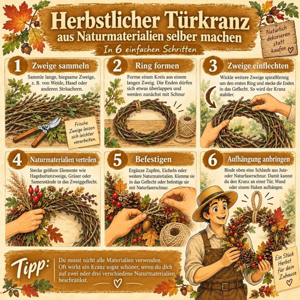 Infografik zum Herbstkranz selber machen mit sechs Schritten vom Zweigkranz bis zur fertigen Naturdeko