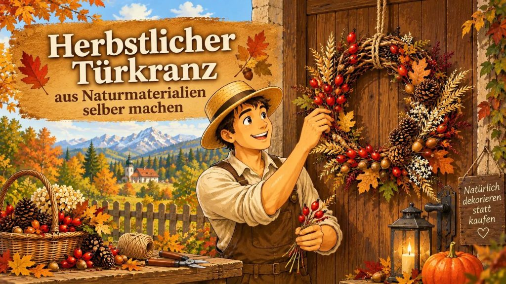 Herbstlicher Türkranz aus Zweigen, Hagebutten, Zapfen und weiteren Naturmaterialien