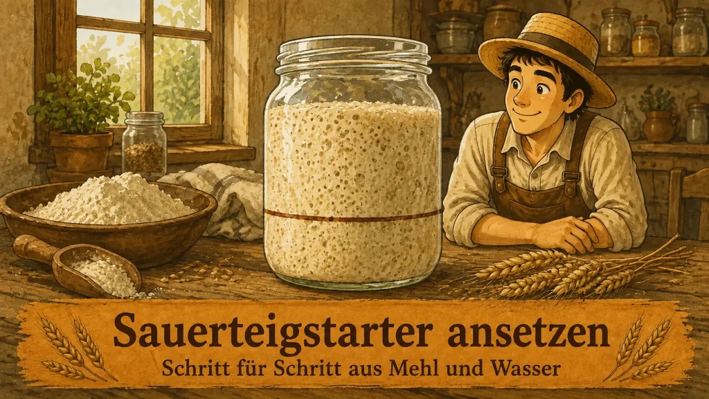 Aktiver Sauerteigstarter im Glas mit Mehl und Getreide in einer rustikalen Küche